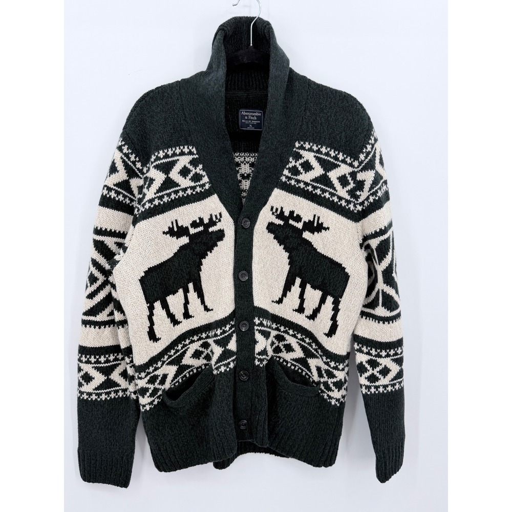 Abercrombie & Fitch Cardigan Men XL Green Moose Merino Wool Shawl Collar Sweater